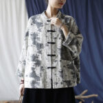 Buddha Stones Black Gray Print Frog-button Design Long Sleeve Cotton Linen Jacket Shirt With Pockets Women's Shirts BS 19