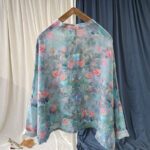 Buddha Stones Pink Flowers Green Leaves Print Frog-button Design Long Sleeve Ramie Linen Jacket Shirt Women's Shirts BS 9