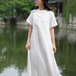Buddha Stones Frog-Button Midi Dress Cotton Linen Short Sleeve Dress With Pockets Midi Dress BS 12