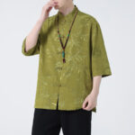 Buddha Stones Peach Blossom Bamboo Leaves Frog-button Chinese Half Sleeve Shirt Men T-shirt T-shirt BS Green(Top Only) 5XL(Bust 130cm/Shoulder 52cm/Length 74cm)