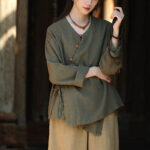 Buddha Stones Solid Color Ramie Linen Loose Blouse Long Sleeve Shirt Chinese Hanfu Top Long Sleeve Shirt BS 10