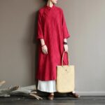Buddha Stones Flower Jacquard Midi Dress Long Sleeve Cotton Linen Dress Wide Leg Pants With Pockets 27