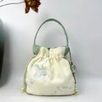 Buddha Stones Embroidered Butterfly Lotus Magnolia Cotton Linen Tote Crossbody Bag Shoulder Bag Handbag Crossbody Bag BS Green Koi Fish Lotus 20*20*7cm