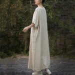Buddha Stones Solid Color V-Neck Half Sleeve Ramie Linen Midi Dress With Pockets Midi Dress BS 2