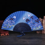 Buddha Stones Cherry Blossom Lily Butterfly Bamboo Handheld Bamboo Folding Fan 21cm Folding Fan BS Dark Blue Butterfly Lily 21cm