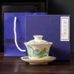 Buddha Stones A Panorama of Rivers and Mountains Flowers Ceramic Gaiwan Sancai Teacup Kung Fu Tea Cup And Saucer With Lid Cup BS A Panorama of Rivers and Mountains 12cm*9cm*100ml With Gift Box