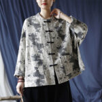 Buddha Stones Black Gray Print Frog-button Design Long Sleeve Cotton Linen Jacket Shirt With Pockets Women's Shirts BS 28