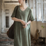 Buddha Stones Handmade Tie Dye V-Neck Midi Dress Linen Short Sleeve Dress 5