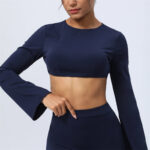 Buddha Stones Long Sleeve Backless Strap Top Bra Flare Pants Fitness Yoga Outfit 2-Piece Outfit BS Dark Blue Top US8/10/XL