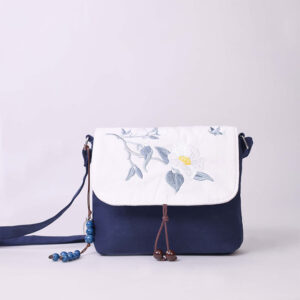 Buddha Stones Embroidered Camellia Epiphyllum Gardenia Sakura Flowers Crossbody Bag Shoulder Bag Cellphone Bag Crossbody Bag BS Navy Blue Camellia 20*16cm