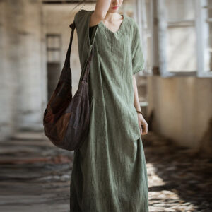 Buddha Stones Handmade Tie Dye V-Neck Midi Dress Linen Short Sleeve Dress 1
