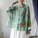 Buddha Stones Pink Flowers Green Leaves Print Frog-button Design Long Sleeve Ramie Linen Jacket Shirt Women's Shirts BS 45