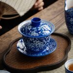 Buddha Stones Plum Blossom Blue And White Porcelain Ceramic Gaiwan Sancai Teacup Kung Fu Tea Cup And Saucer With Lid 185ml Cup BS 13