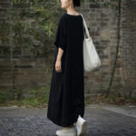 Buddha Stones Solid Color V-Neck Half Sleeve Ramie Linen Midi Dress With Pockets Midi Dress BS 17