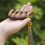 Buddha Stones Simple Green Sandalwood Soothing Tassel Massage Comb Comb BS Green Sandalwood Comb(Gold Gray Tassel Style)