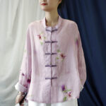 Buddha Stones Pink Flower Print Frog-button Design Batwing Long Sleeve Ramie Linen Jacket Shirt Women's Shirts BS 7