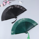 Buddha Stones Cherry Blossom Sakura Camellia Handheld Silk Bamboo Folding Fan 21cm 2