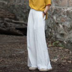 Buddha Stones Retro Wide Leg Pants Casual Women's Yoga Pants With Pockets Wide Leg Pants BS White(Waist 62-100cm/Hips 118cm/Length 98cm)
