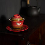Buddha Stones Red Auspicious Crane Ceramic Gaiwan Sancai Teacup Kung Fu Tea Cup And Saucer With Lid Cup BS 5