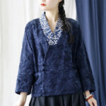 Buddha Stones Flower Jacquard V-Neck Long Sleeve Jacket 30