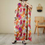 Buddha Stones Orange Blue Colorful Polka Dots Midi Dress Cotton Half Sleeve Dress With Pockets Midi Dress BS 12