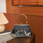 Buddha Stones Auspicious Clouds Cranes Embroidery Bamboo Handle Handbag Crossbody Bag Crossbody Bag&Handbags BS 1