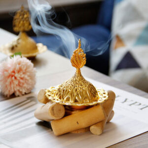 Buddha Stones Gold Alloy Healing Mini Incense Burner With Wooden Coaster Home Decor Incense Burner BS Gold Incense Burner 10.5*12cm