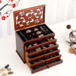 Buddha Stones Vintage Plum Blossom Carved Wooden Jewelry Box Six-Layer Jewelry Storage Box Jewelry Box BS 2