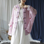 Buddha Stones Pink Flower Print Frog-button Design Batwing Long Sleeve Ramie Linen Jacket Shirt Women's Shirts BS 29