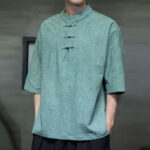 Buddha Stones Men's Chinese Frog-Button Tang Suit Half Sleeve Cotton Linen Shirt Men's Shirts BS 10
