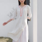 Buddha Stones 2Pcs V-neck Embroidery Yoga Clothing Zen Meditation Cotton Linen Top Pants Women's Set Clothes BS 1