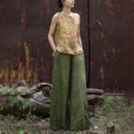 Buddha Stones Green Yellow Ramie Linen Flexible Waistband Wide Leg Pants With Pockets Women's Wide Leg Pants BS 22