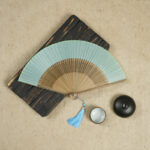 Buddha Stones Vintage Handheld Folding Fan With Bamboo Frames Folding Fan BS Aqua