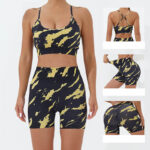Buddha Stones 2Pcs Camo Print Backless Criss-Cross Strap Top Bra Shorts Leggings Pants Fitness Yoga Outfit Set 2-Piece Outfit BS 1