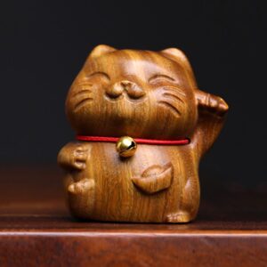 Buddha Stones Green Sandalwood Small Mini Cute Lucky Cat Peace Decorations Decorations BS Green Sandalwood 4.5*5cm