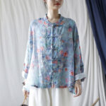 Buddha Stones Pink Flowers Green Leaves Print Frog-button Design Long Sleeve Ramie Linen Jacket Shirt Women's Shirts BS Blue(Bust 174cm/Shoulder 99cm/Length 60cm)(Jacket Only)