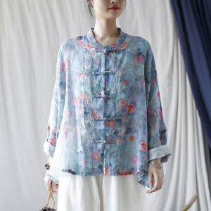 Buddha Stones Pink Flowers Green Leaves Print Frog-button Design Long Sleeve Ramie Linen Jacket Shirt Women's Shirts BS Blue(Bust 174cm/Shoulder 99cm/Length 60cm)(Jacket Only)