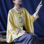 Buddha Stones Yellow Phoenix Print Frog-button Design Long Sleeve Ramie Linen Jacket Shirt Women's Shirts BS 8