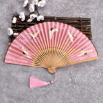 Buddha Stones Vintage Cloud Crane Pattern Handheld Bamboo Folding Fan Folding Fan BS Pink