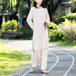 Buddha Stones 2Pcs Plain Long Sleeve Zen Yoga Clothing Meditation Clothing Top Pants Women's Set Clothes BS Khaki (Top&Pants) XXL(Suitable for Weight 72.5-80kg/Height 170-175cm)