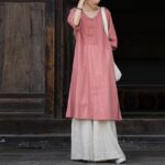Buddha Stones Handmade Tie Dye Ramie Linen Frog-Button Midi Dress Wide Leg Pants With Pockets Midi Dress&Wide Leg Pants BS Pink Dress&Khaki Pants F(Fit for US4-8/10; UK/AU8-12/14; EU36-40/42)