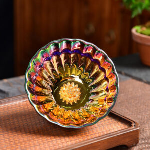 Buddha Stones Lotus Peacock Gold Inlaid Multicolored Chinese Jianzhan Ceramic Teacup Kung Fu Tea Cup Jian Zhan Tea Cup BS Lotus 9.2cm*5cm*120ml