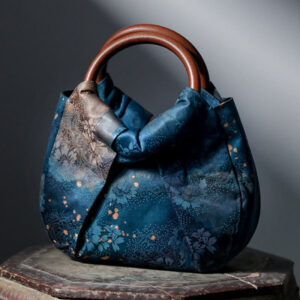 Buddha Stones Handmade Jacquard Flower Blue Wooden Handle Handbag Handbags BS Blue Flower 23*25*5cm