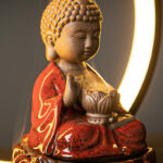 Buddha Stones Buddha Lotus Backflow Smoke Fountain Ceramic Blessing Incense Burner With Light Decoration Incense Burner BS 2