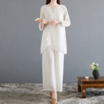 Buddha Stones 2Pcs Frog-Button Long Sleeve Shirt Wide Leg Pants Meditation Cotton Linen Clothing Women's Meditation Cloth BS 1