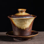 Buddha Stones Vintage Brown Kiln Change Design Porcelain Ceramic Gaiwan Sancai Teacup Kung Fu Tea Cup And Saucer With Lid Cup BS 10cm*10.5cm*200ml