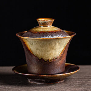 Buddha Stones Vintage Brown Kiln Change Design Porcelain Ceramic Gaiwan Sancai Teacup Kung Fu Tea Cup And Saucer With Lid Cup BS 10cm*10.5cm*200ml