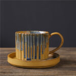 Buddha Stones Retro Striped Kiln Change Ceramic Coffee Mug Rough Pottery Tea Coffee Cup With Saucer 250ml Coffee Mug BS Yellow Blue 12cm*8.5cm*7cm*250ml
