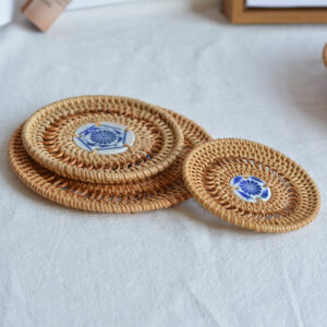 Buddha Stones Ceramic Flower Pattern Rattan Cup Mat Tea Cup Coaster Decorations BS main