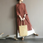 Buddha Stones Flower Jacquard Midi Dress Long Sleeve Cotton Linen Dress Wide Leg Pants With Pockets 39